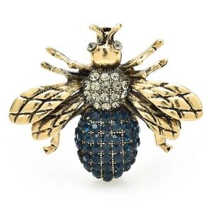 Gold Blue Bee Crystal Brooch